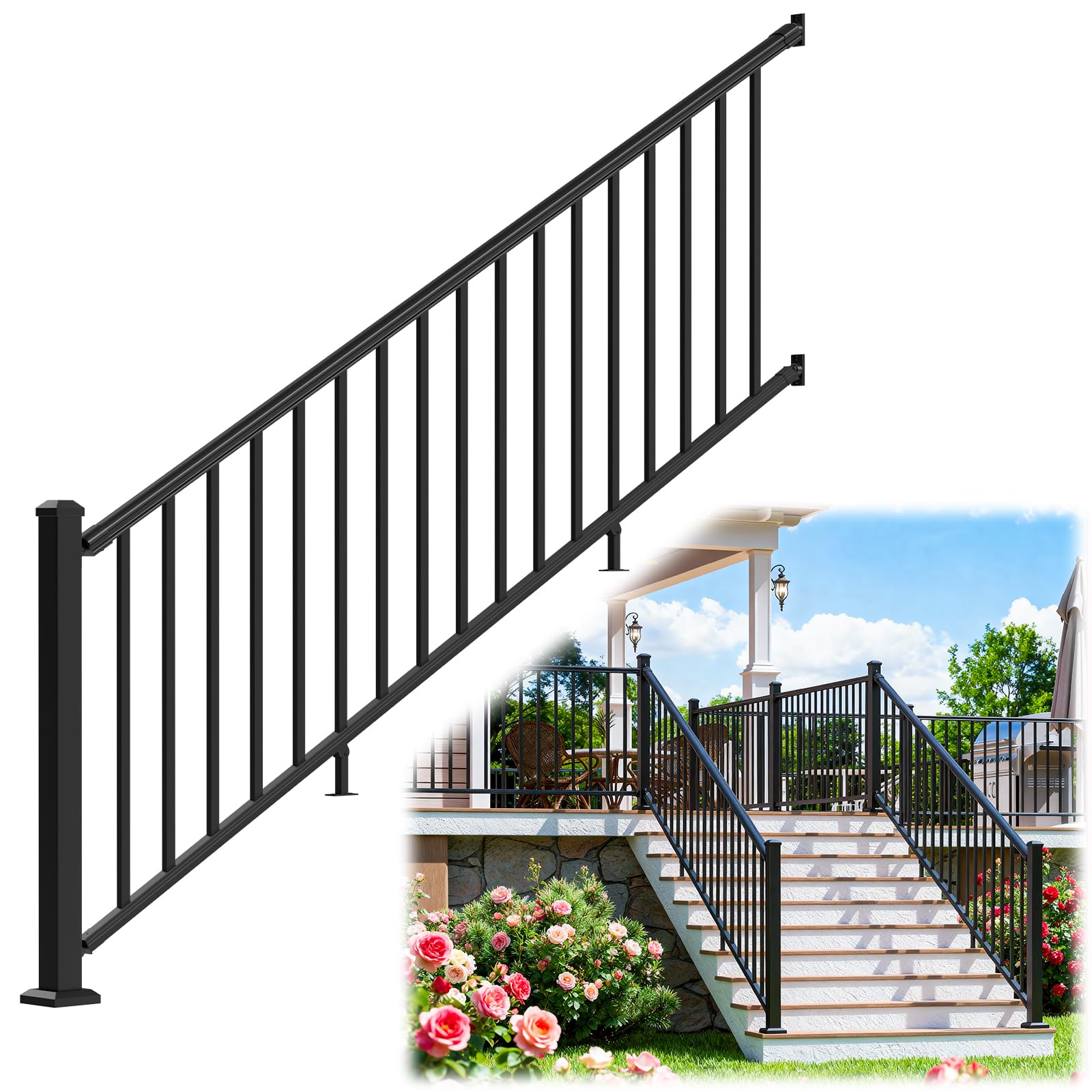 Photo 1 of Egadis 36 in. H x 8 ft. W Aluminum Stair Railing Kit, Railings for Outdoor Steps, Black Textured AAMA 2604 Powder-Coat Finish Rail System for Concrete Steps or Wooden Stairs(1 Post, 1 Panel)