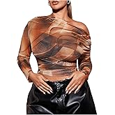 SweatyRocks Women's Plus Size Crop Tops Asymmetrical Neck Ruched Long Sleeve Mesh T Shirts