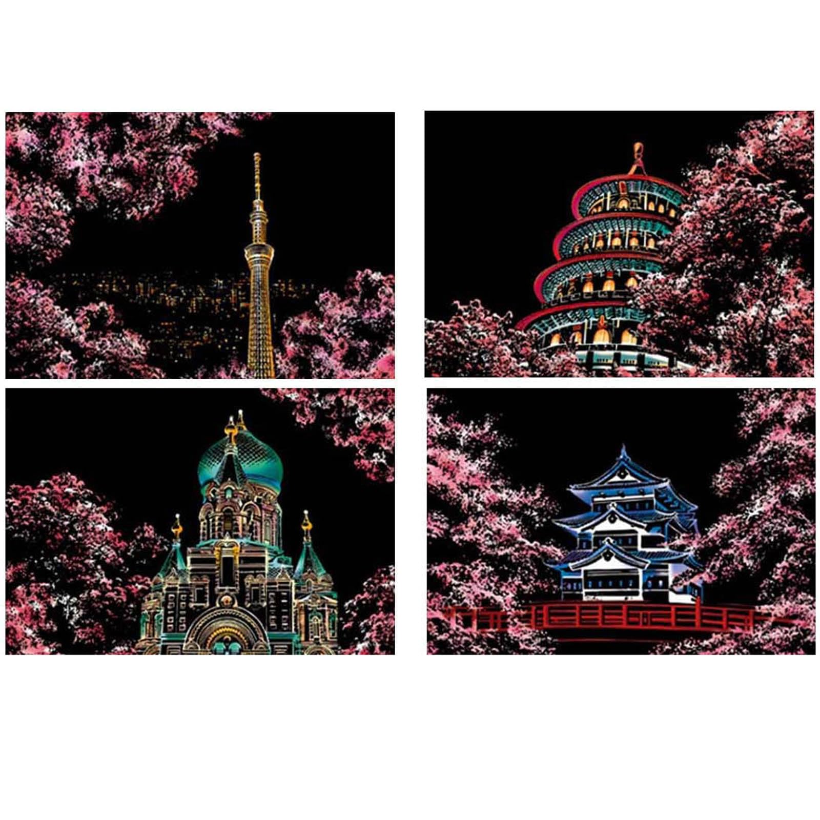 jiuhao Scratch Art for Adults Kids,Engraving Art Etch Art Scraper Foil Art Paper Holographic Painting Pictures for Adults Kids,Creative Gift Set for Children,Friends,Family(Cherry blossoms)