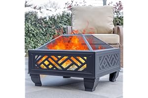 MistMo 26" Steel Square Fire Pit with Grill & Poker, Outdoor Fireplace with Mesh Cover for Patio, Backyard & Garden, Ideal
