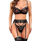 RSLOVE Lingerie Set for Women Sexy - Corset And Panty Outfits 3 Piece Lace Push Up Underwire with Garter Lingerie