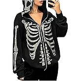 BEAUDRM Women's Skeleton Graphic Hoodie Y2k Gothic Zip Up Rhinestone Long Sleeve Hooded Sweatshirt Jacket Streetwear