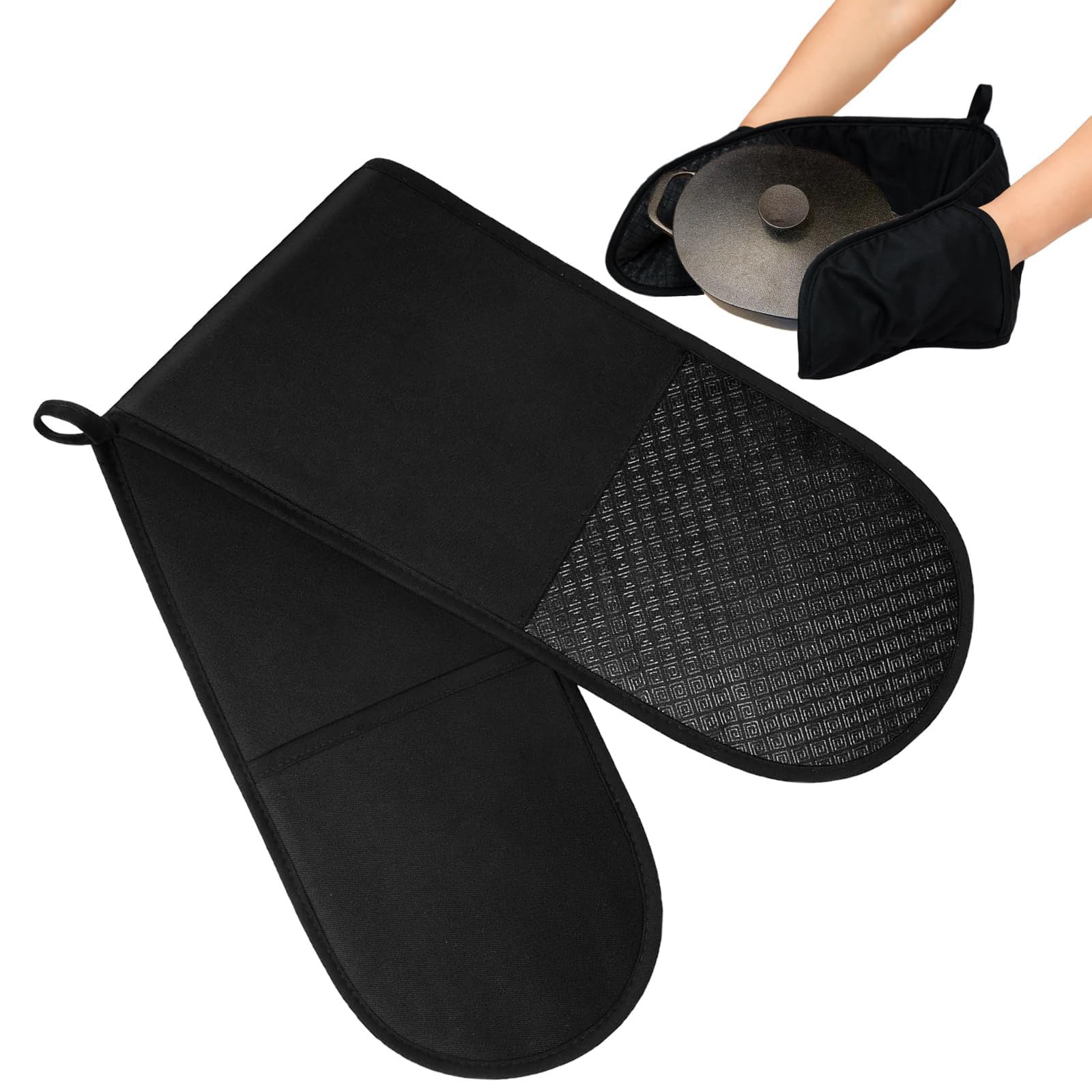Oven Gloves Black Kitchen Accessories for Cooking Baking Grilling Double Oven Gloves Non-slip Heat Resistant Heat Resistant Protection Home Essentials