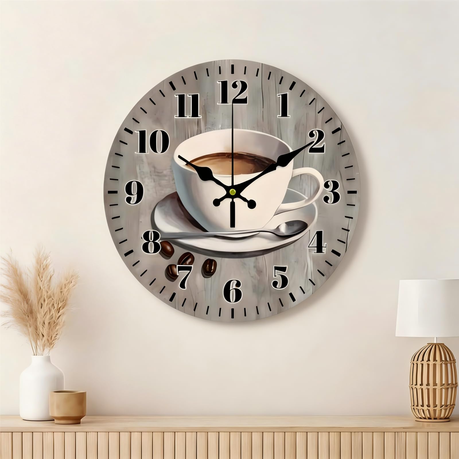 CHGCRAFT 12inch Coffee Wall Clock Coffee Cup Round en Silent Non Ticking Vintage Farmhouse for Office Home Living Room Bedroom Bathroom Kitchen Decor