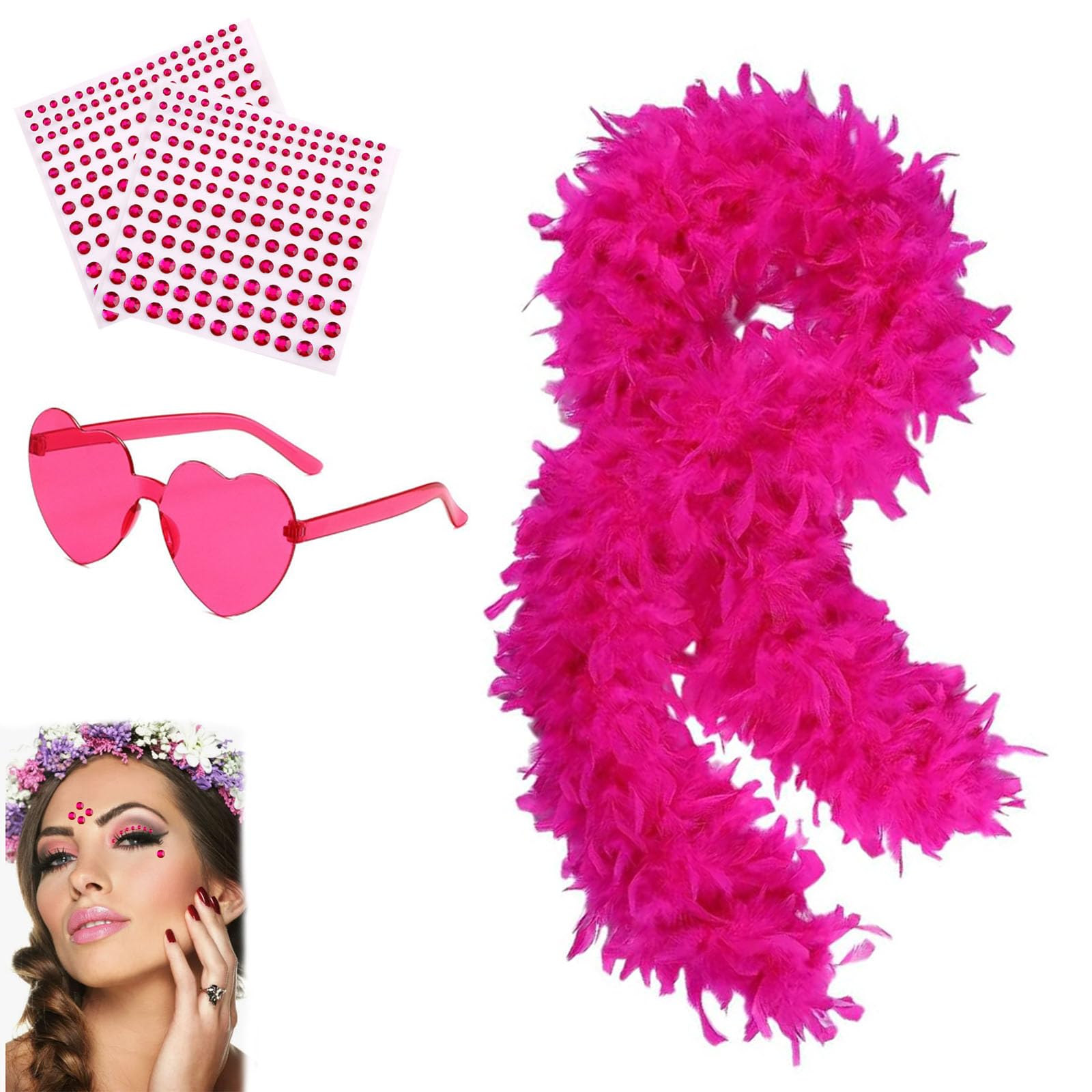 4Pcs Abba Accessories Set, 78.74in Feather Boa, Pink Feather Boa, Feather Bower, Feather Boas Multipack, Suitable For Ladies Dancing, Weddings, Parties, With Heart-Shaped Frameless Sunglasses