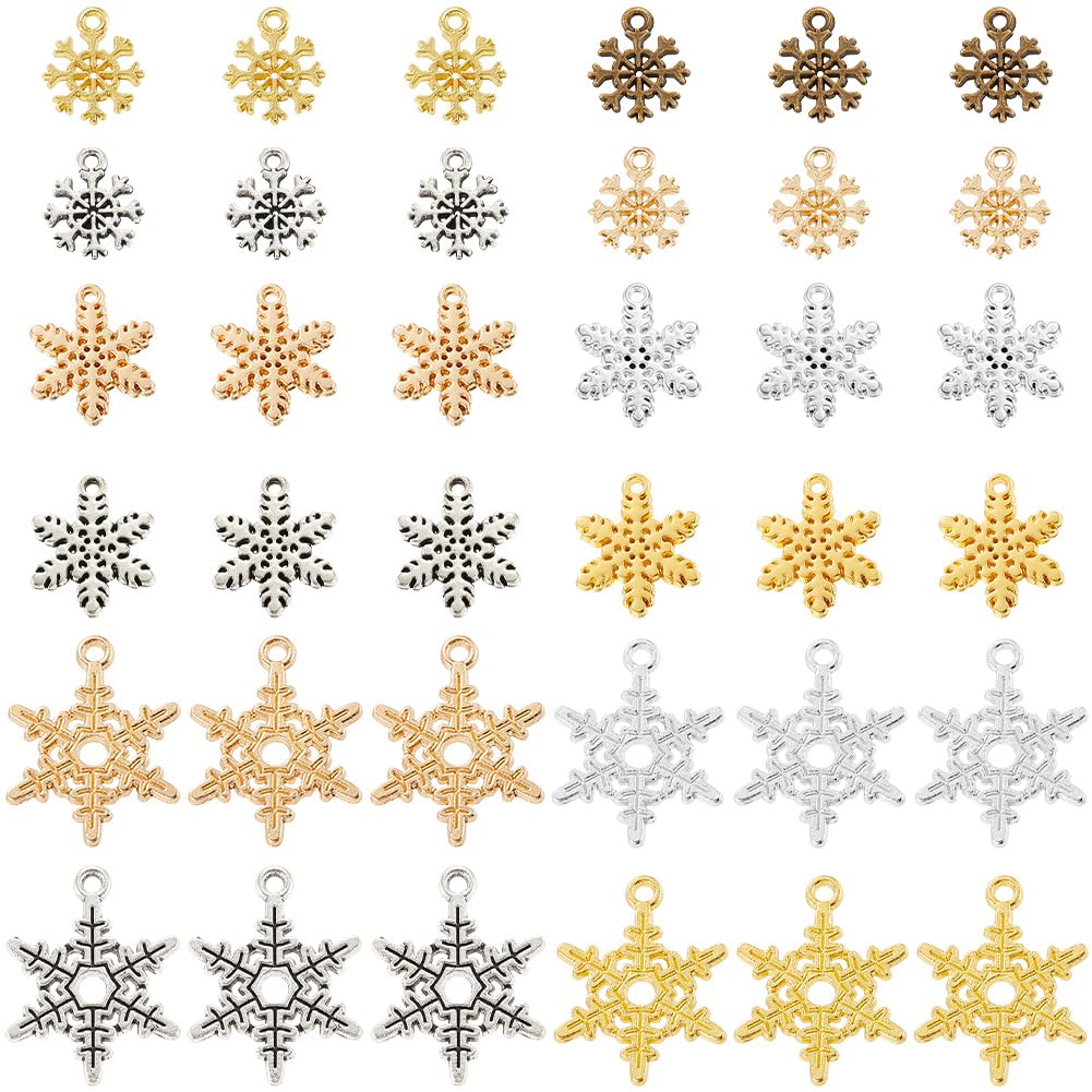 SUNNYCLUE 1 Box 120Pcs 12 Styles Snowflake Charm Christmas Alloy Charms Bulk Assorted Antique Silver Golden Winter Holiday Xmas Snowflakes Dangle Charm for Jewellery Making Charms Earring DIY Crafts