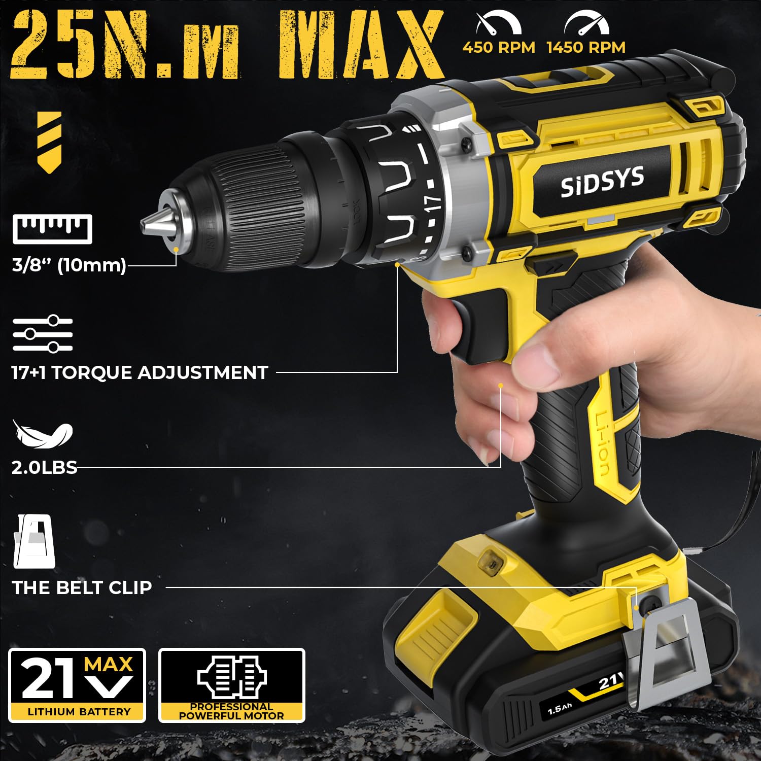 SIDSYS 21V Max Cordless Electric Drill Set, 3/8