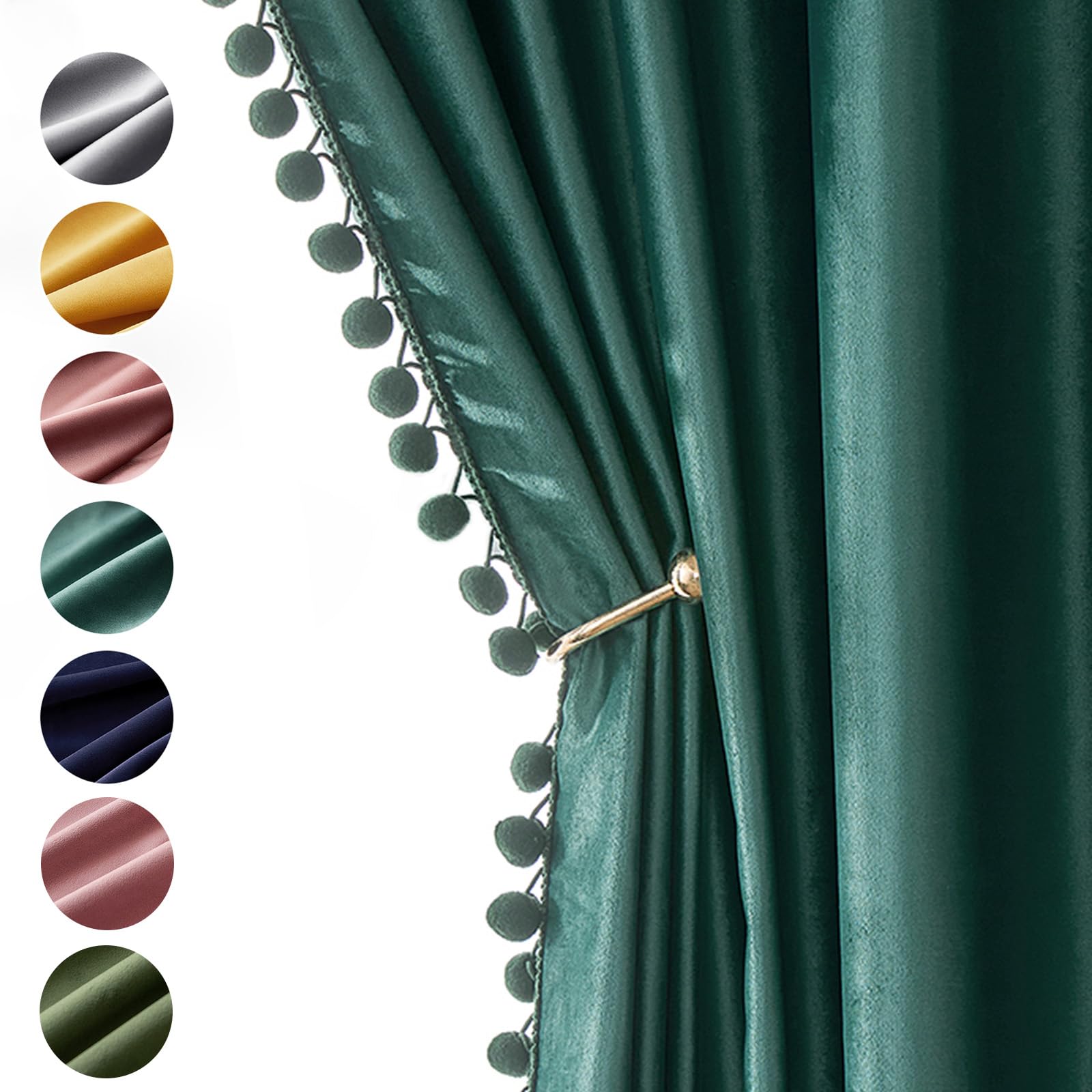MIULEE Christmas Dark Green Pom Pom Velvet Curtains for Bedroom/Living Room Darkening Thermal Insulating 84 Inches Long Blackout Curtains with Rod Pocket for Kid Room/Nursery/Home Theater Set of 2