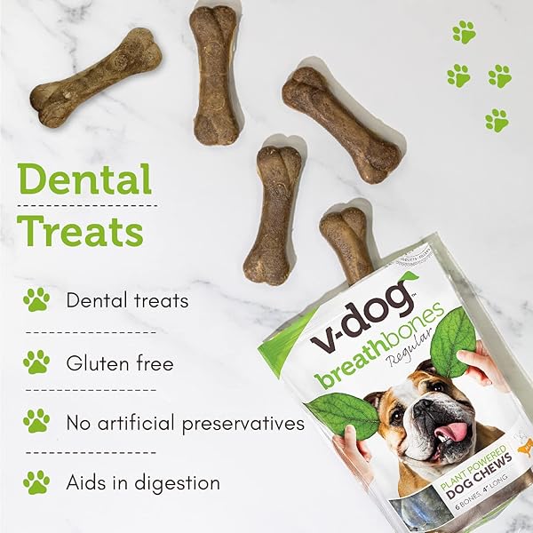 V-DOG DOG TREATS – VEGAN BREATHBONE TEETH CLEANING DENTAL DOG BONES – FRESH BREATH – 8 OUNCES – ALL NATURAL – MADE IN USA – 6 BONES – 4″ LONG – EASY TO DIGEST