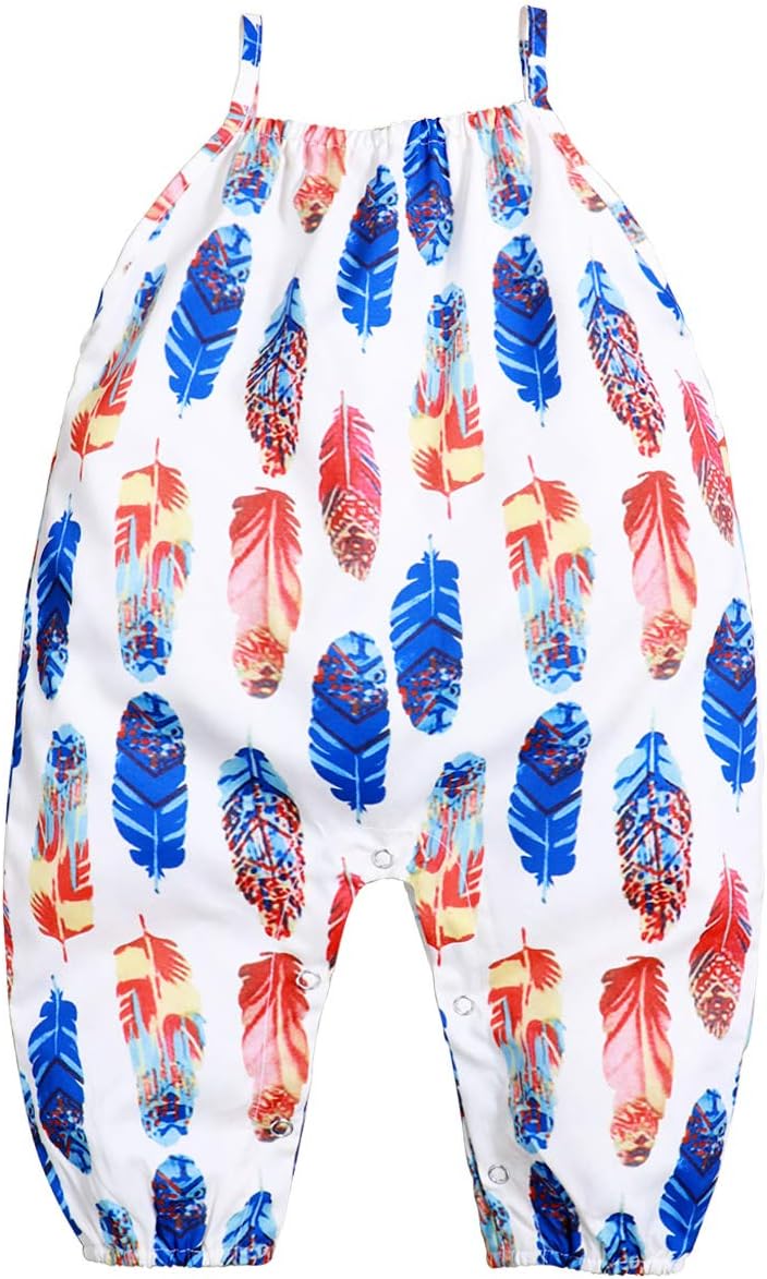 Walsoner Toddler Infant Baby Girls Summer Sleeveless Feather Patterns Romper Sling Jumpsuit Outfit