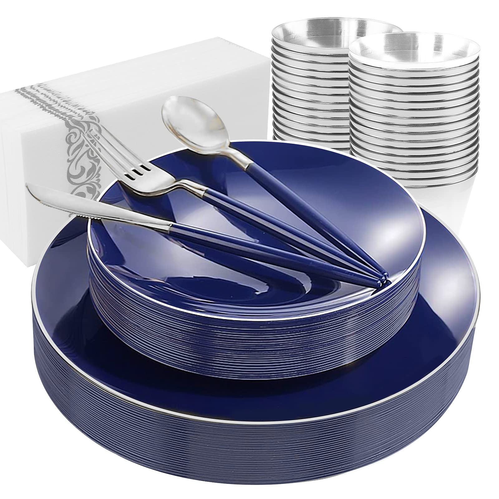Photo 1 of KIRE 175Pcs Blue Plastic Plates with Silver Rim & Disposable Silverware with Blue Handle & Silver-rim Cups & Hand Napkin & Plastic Dinnerware for Parties/Wedding