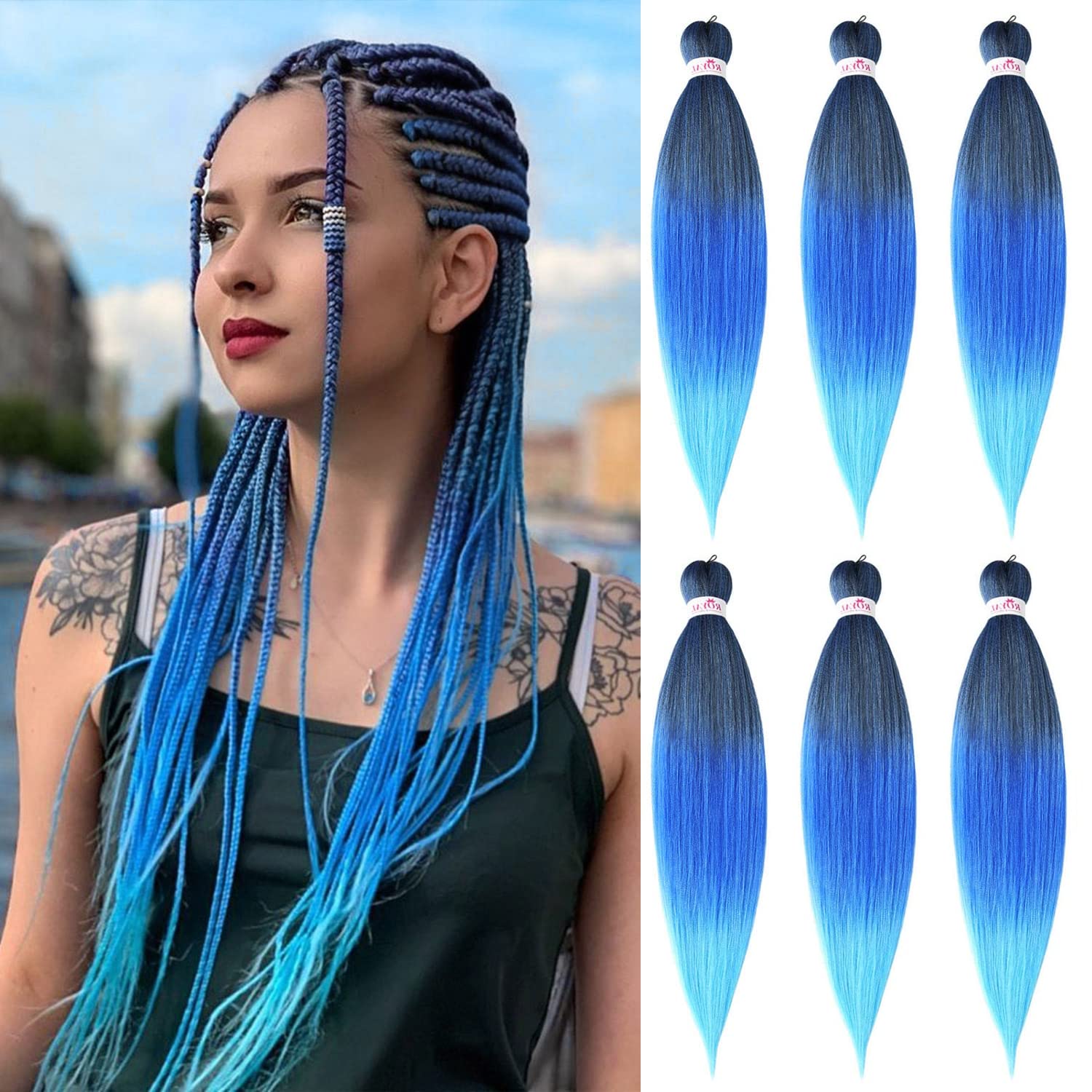 DT CHERYL Pre Stretched Braiding Hair, 6 Pack Braided Hair extension 26 inches Synthetic EZ Braid Hot Water Styling Braid Yaki Texture Pre-stretched Hair for Braiding Braids 1B/Purple/blue