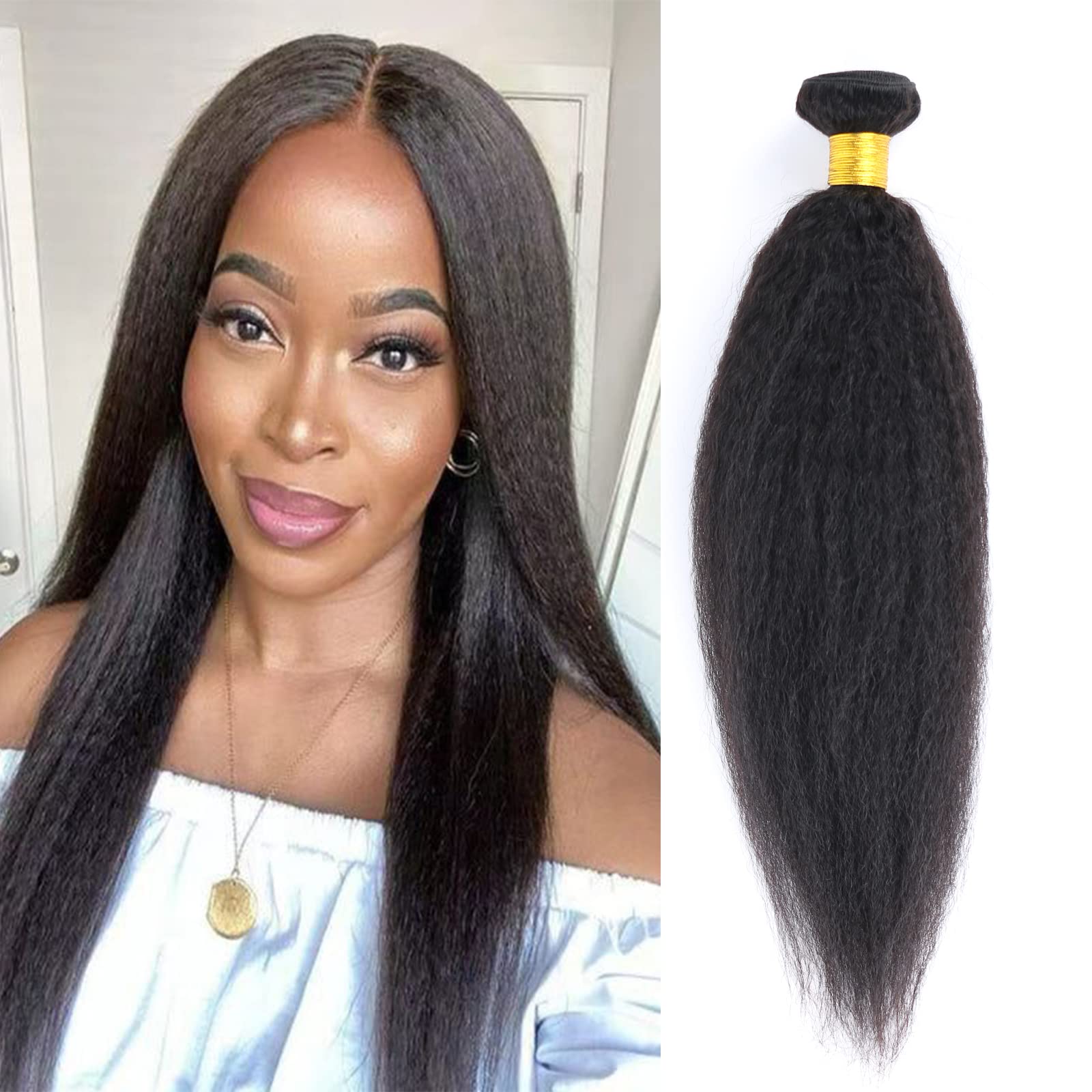 Kinky Straight Human Hair 1 Bundles Natural Black ,Yaki Straigh Brazilian Virgin Remy Hair, Grade 10A 100% Unprocessed Kinky Straight Human Hair Extensions (16 Inch, Single Bundle) — image 1