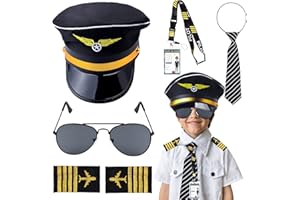 Keymall Kids Pilot Costume Accessories Set With Aviator Hat Sunglasses Tie Pin for Aviation Halloween Dress Up