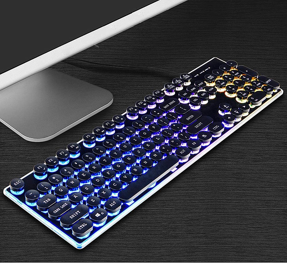 RGB LED Backlit Wired Gaming Keyboard, Retro Steampunk Semi Mechanical Keyboard with 104 Round Keycaps (Black)