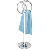 WZKALY 18" Hand Towel Holder Stand, Stainless Steel Free Standing Towel Rack Bar,Double Ring Towel Hanger with Weighted Base, Towel Hardware for Bathroom Vanity Kitchen Countertops(Chrome)