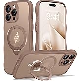 CAPRARO for iPhone 15 Pro Max Case with 360° Spin Magnetic Stand for Women, [Compatible with MagSafe] [Full Camera Protection] Cute Wave Translucent Matte Case for iPhone 15 Pro Max, Brown