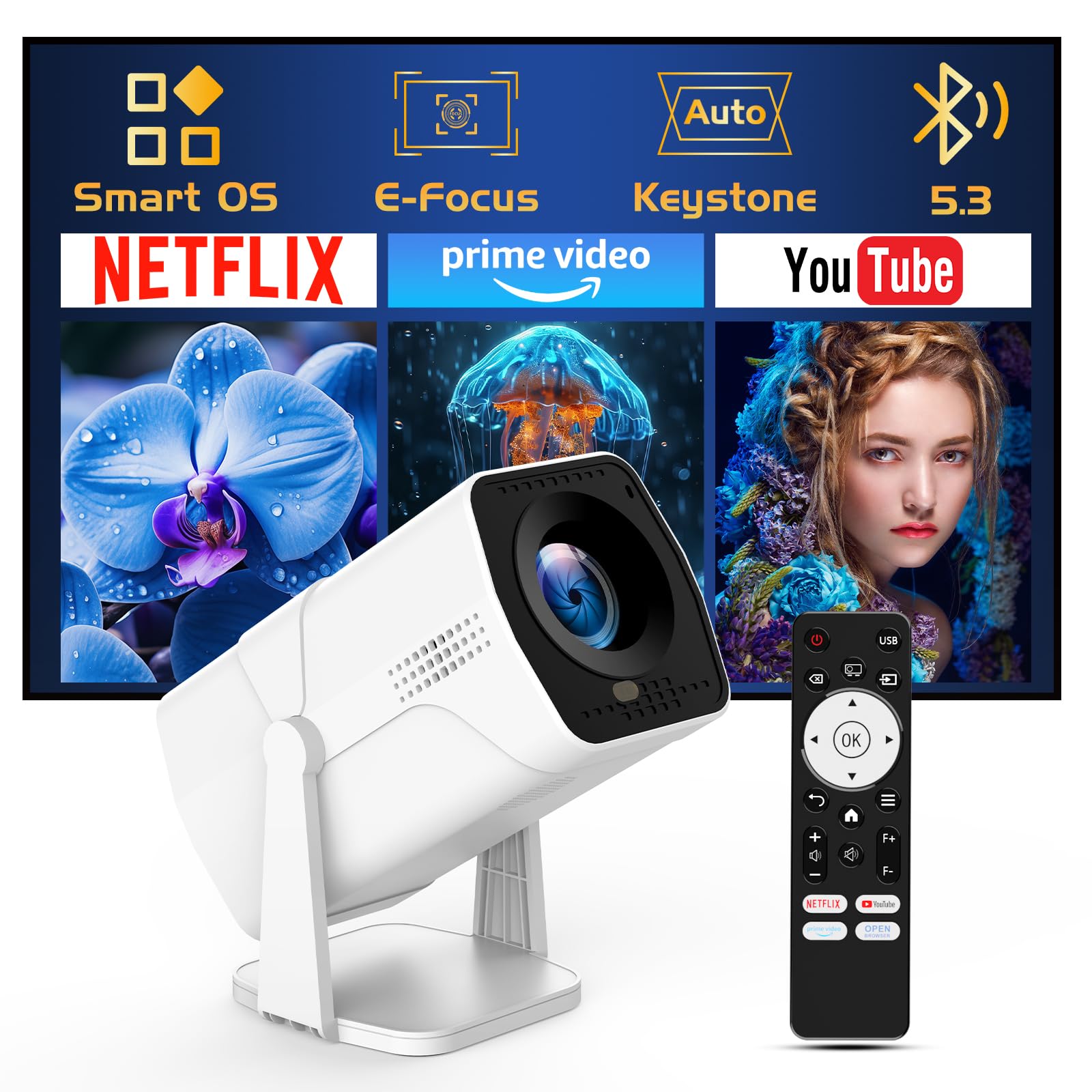 【Netflix Officially Licensed】TMY Projector with Built in Apps, 1080P Movie Projector with WiFi and Bluetooth, Electric Focus & Auto Keystone, 270° Rotatable Outdoor Projector for Phone/PC/HDMI/USB