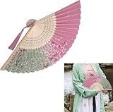 Kibon Folding Fan Handheld Silk Bamboo Tassel Pink 8.3 15in for Props Gift view 3