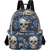 Women Fashion Backpack Purse Skulls Blue Flowers Mini Travel Backpack Ladies Shoulder Bag Work Daypack 8.5L