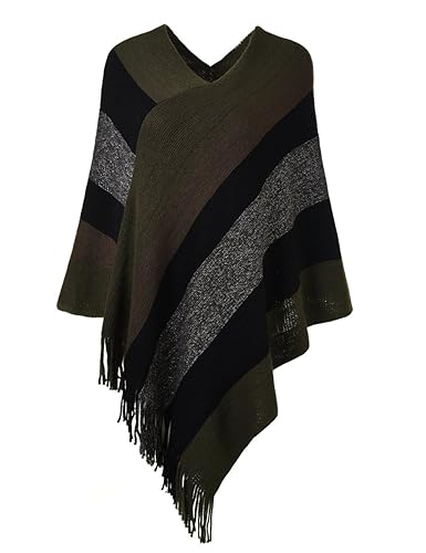 Ferand Gestreift Gestrickter Poncho Schal im Wickeldesign mit gefransten Seiten für Frauen