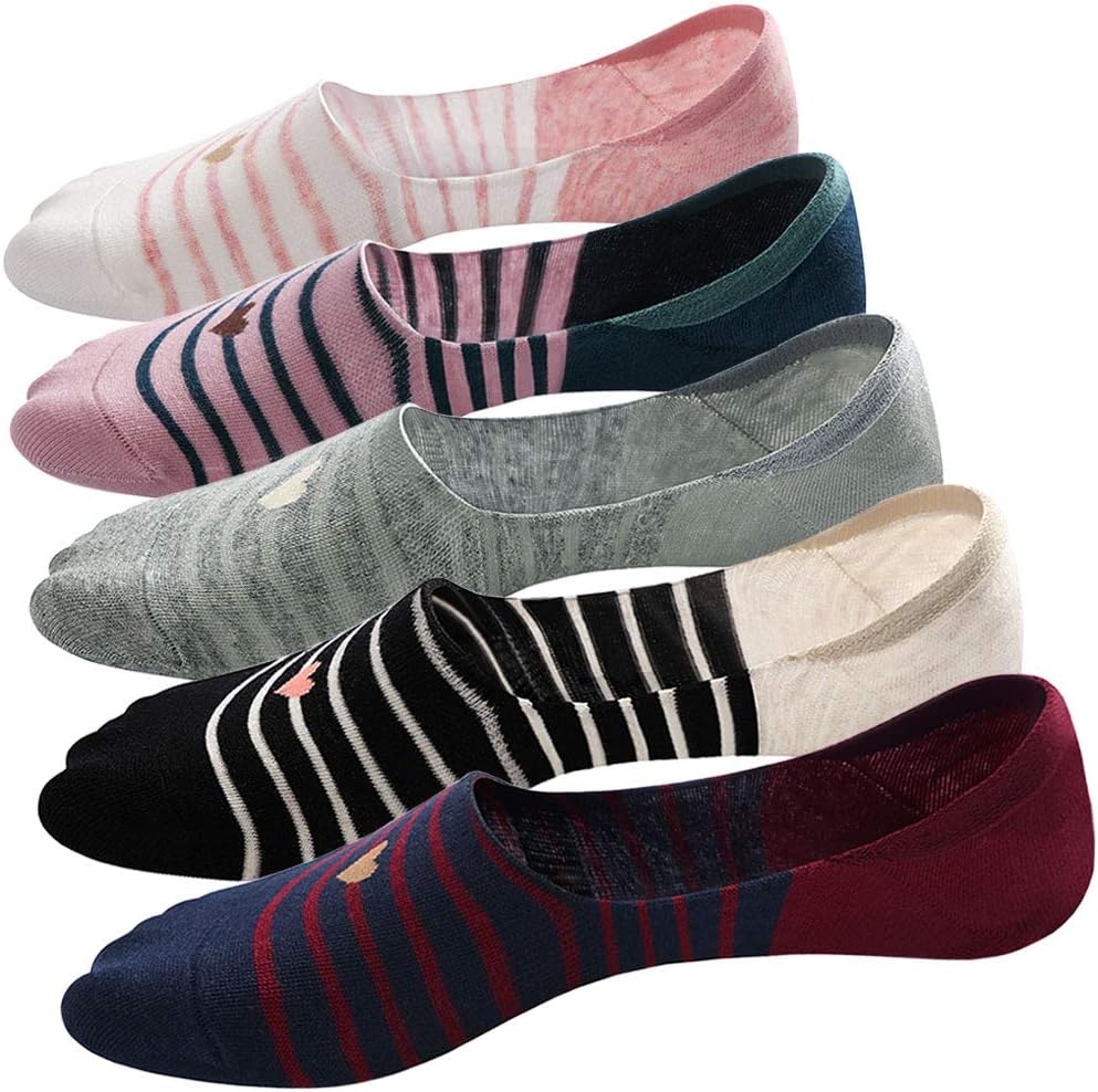 Women Socks Invisible Low Cut Cotton No Show Thin Socks for Summer 5 Pack (Women shoes size UK 4-7, Trendy stripes)