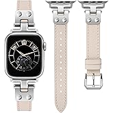 Minyee Slim Leather Band Compatible with Apple Watch Bands 38/40/41/42/44/45/46/49mm Women, Dressy Thin Soft Leather Strap with Tapered Metal Buckle for iWatch Series 11 10 9 8 7 6 5 4 SE/Ultra 3 2 1