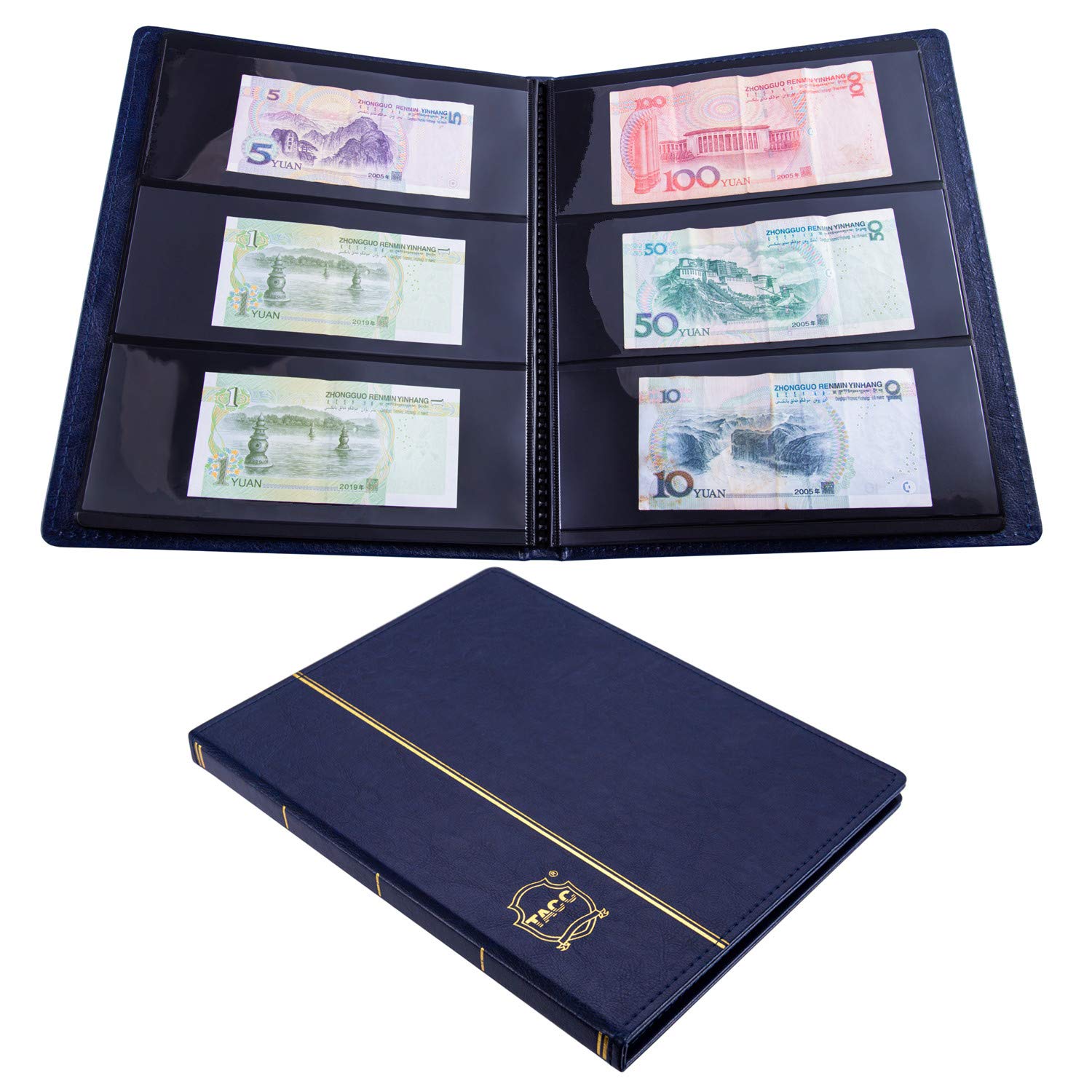 Ettonsun Leather 60-Pocket Dollar Bill Holders for Collectors Paper Money Album Currency Collection Supplies Book Travel Banknote Stamp Storage,Collection Folder for Paper Souvenirs (Blue)
