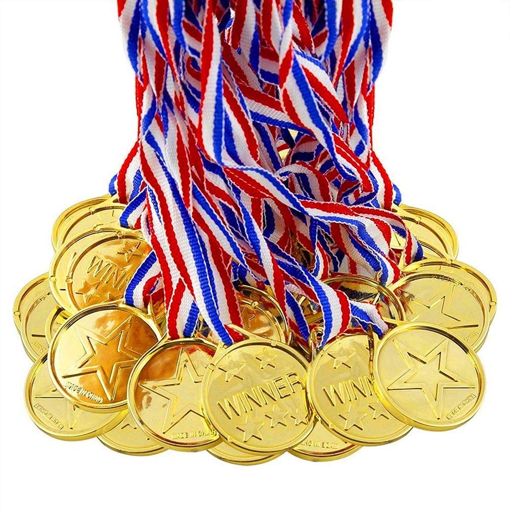 Gold Medals, Children's Gold Plastic Winner Medals 12 Packs Golden Awards for Children's Sports Day Party Game Toys Prizes Awards