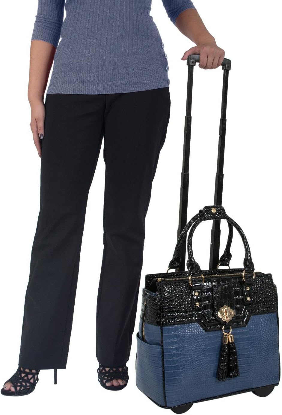 "The Oceanside" Blue & Black Alligator Compatible With Computer iPad, Laptop Tablet Rolling Tote Bag Briefcase Carryall Bag