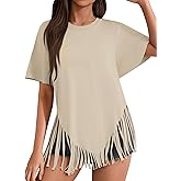 Remidoo Womens Fringe Top Oversized T Shirt Round Neck Short Sleeve Tee Shirts