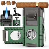 6-in-1 Torch Cigar Lighter with Triple Jet Flame, Dual Cigar Cutter, Punch, Draw Enhancer, Holder, Refillable Butane Lighter 