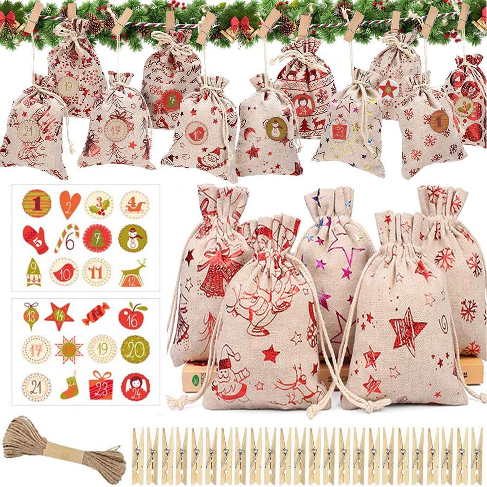 REYOK 24 Christmas Advent Calendar,Fillable Advent Calendar Bags, Make Your Own Xmas Advent Calendars,Advent Calendars for kids Christmas Small Gift Bags,DIY Advent Calendars Bags With 1-24 Stickers