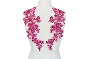 PLUNE Handmade Shining Rhinestones lace Applique Patches Sewing Beads Sequins Stone Trim Accessories for Wedding Dress one Pair/Bag (Rose red)