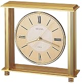 Bulova B1700 Grand Prix Table Clock | Brass MetalFinish | Glass Enclosure with Two-Tone Metal Dial | Quiet Sweep | Elegant Desktop Timepiece for Offices &amp; Collectors
