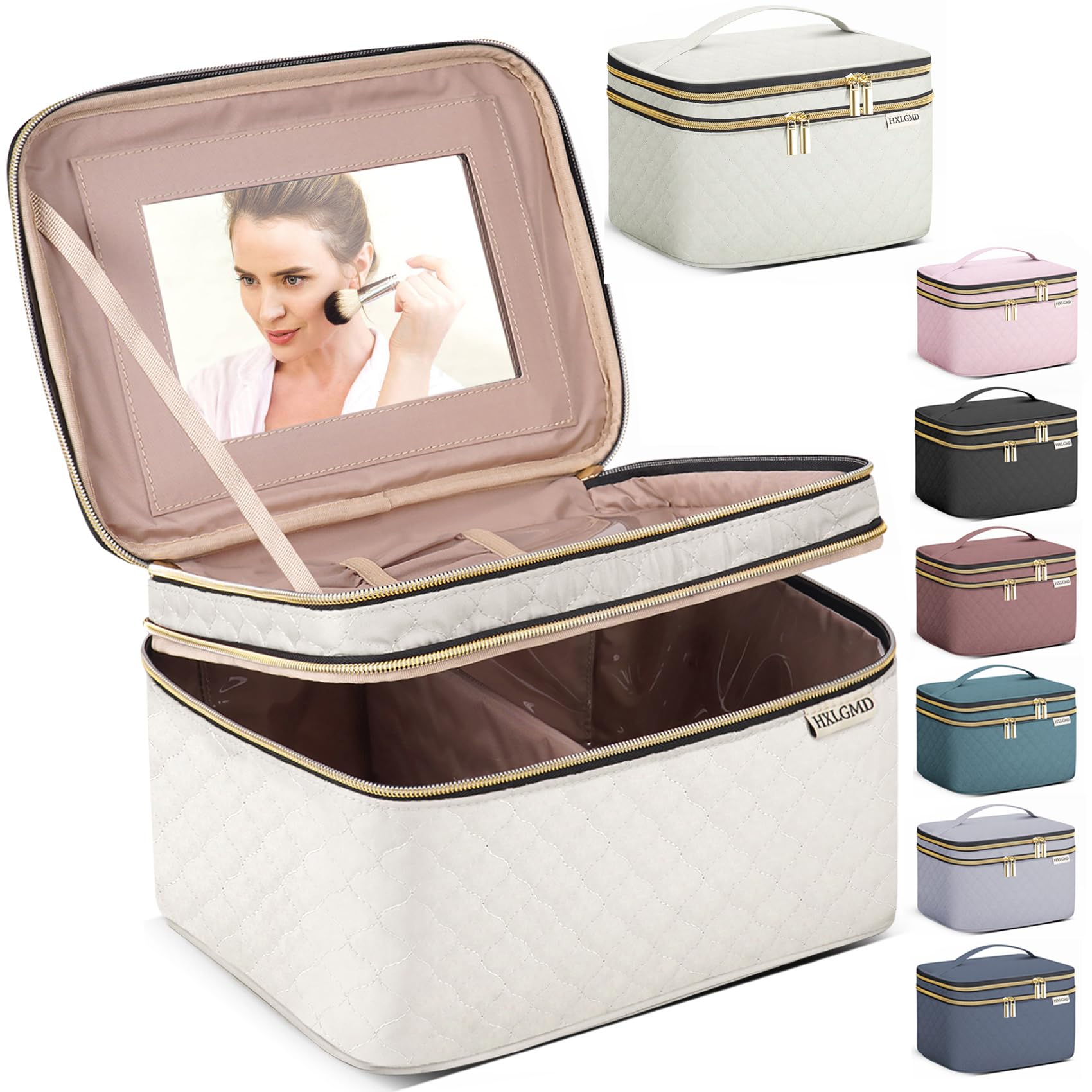 Photo 1 of HXLGMD Large Makeup Bag with Mirror Double Layer Travel Make Up Organizer Case, Large Capacity Coemetic with Brush Slot Divider, Travel Toiletry Bag for Women - White/Beige