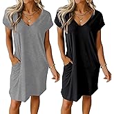 Ekouaer 2 Pack V Neck Nightgowns Womens Printed Sleepshirt Short Sleeve Nightdress Soft Nightshirt with Pockets Black and Dark Grey Medium