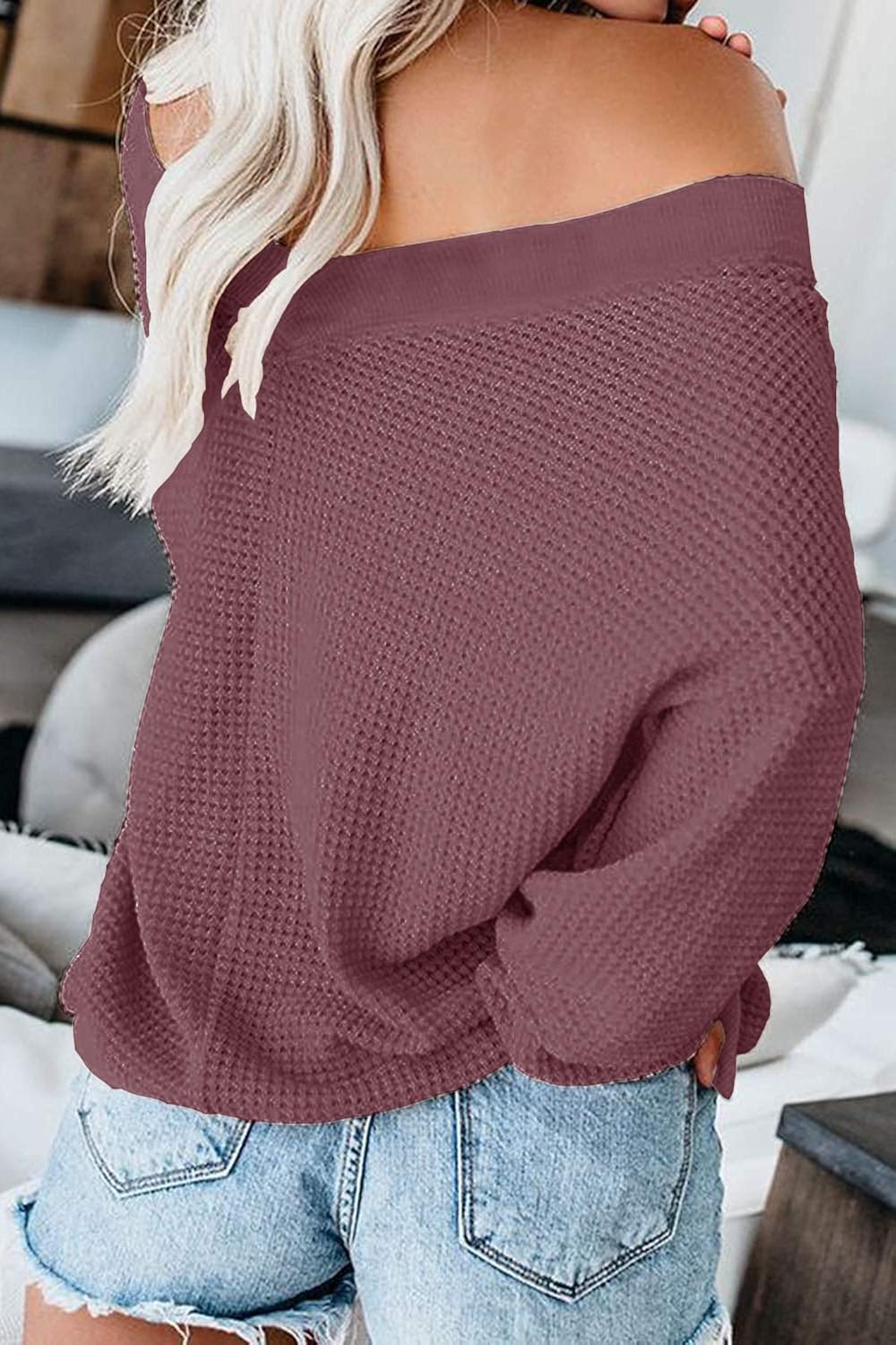 ReachMe Women's Oversized Off Shoulder Pullover Tops Long Sleeve Loose Fit Waffle Knit Tops at  Women’s Clothing store