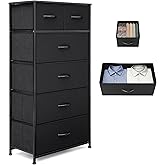 VredHom Fabric Dresser for Bedroom, Tall Skinny Dresser with 6 Drawers, Storage Organizer Tower, Steel Frame Wooden Top for Closet, Living Room, Hallway, Nursery(Black)
