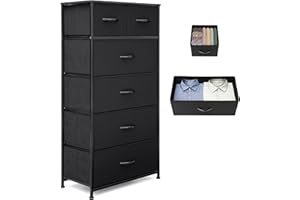 VredHom Fabric Dresser for Bedroom, Tall Skinny Dresser with 6 Drawers, Storage Organizer Tower, Steel Frame Wooden Top for Closet, Living Room, Hallway, Nursery(Black)
