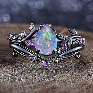 Simulated Opal CZ Vintage Leaf Branch Ring Set for Women Engagement Jewelry | Daily Wear, Office, Work, Business Casual, Ever