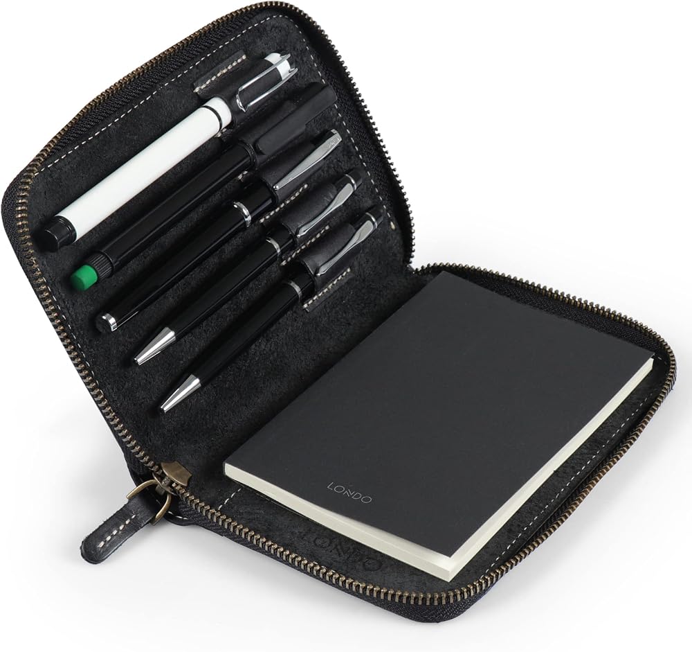 LONDO Genuine Leather Padfolio with Pencil Holder Black Notepad ZIP