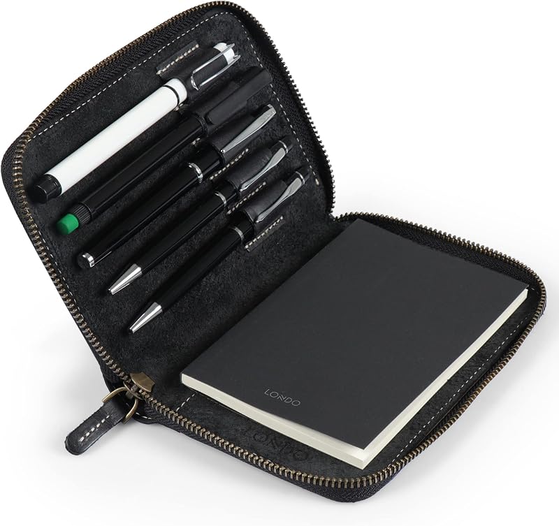 LONDO Genuine Leather Padfolio with Pencil Holder Black Notepad ZIP