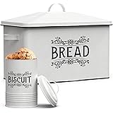 Farmhouse Bread Box - XL Size Bread Storage Container with Matching Biscuit Tin in White Metal - Bread Boxes For Kitchen Coun