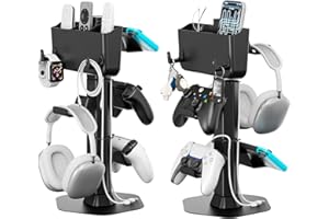 GERSKER Headphone and Controller stand, Headphone Stand for Desk, PS5/PS4/Xbox/Switch Game Controller Holder, Gaming Headset Stand with Storage Box and Two Hooks for Remote Control Watch Cable Key Chain