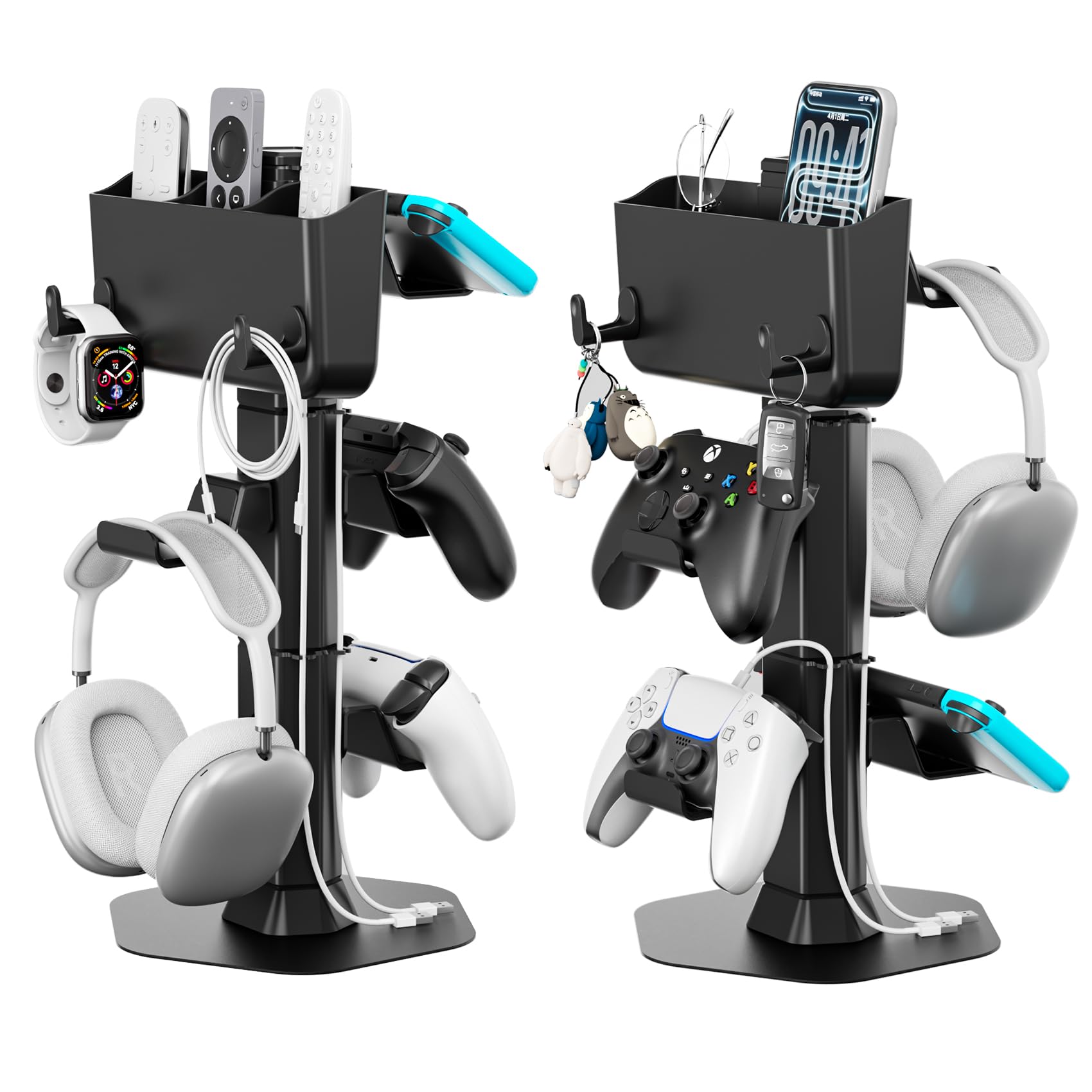 Headphone and Controller stand, Headphone Stand for Desk, PS5/PS4/Xbox/Switch Game Controller Holder, Gaming Headset Stand with Storage Box and Two Hooks for Remote Control Watch Cable Key Chain