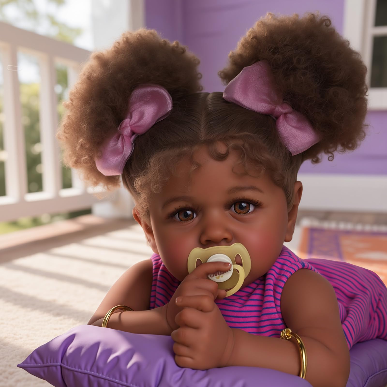 Photo 1 of ***(STOCK PHOTO FOR REFERENCE ONLY)***JIZHI Reborn Baby Dolls Black - 22 Inch Lifelike Soft Body Realistic-Newborn Baby Dolls Taupe Eyes Caramel Skin Tone Pink Striped Skirt Real Life and Toy Accessories Gift for Kids Age 3
