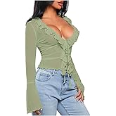 Milumia Women's Long Bell Sleeve Tie Front Top Ruffle Trim See Through Mesh Crop Tops