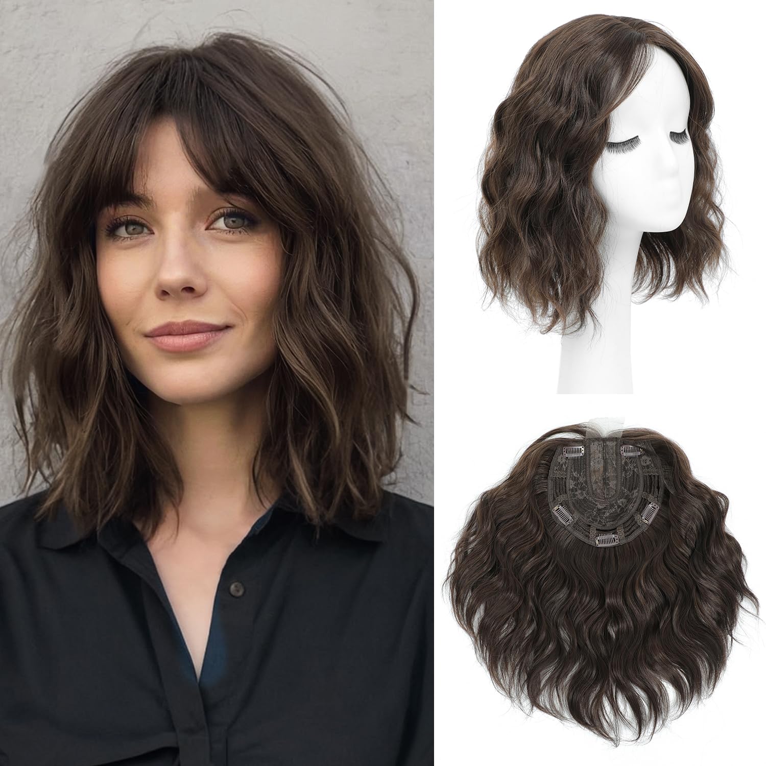 Photo 1 of UDU Short Wavy Hair Topper for Women with Thinning Hair, 11 Inch Natural Looking Hairpiece, Volume Booster Wiglet for Coverage, Heat Resistant Synthetic Topper for Women