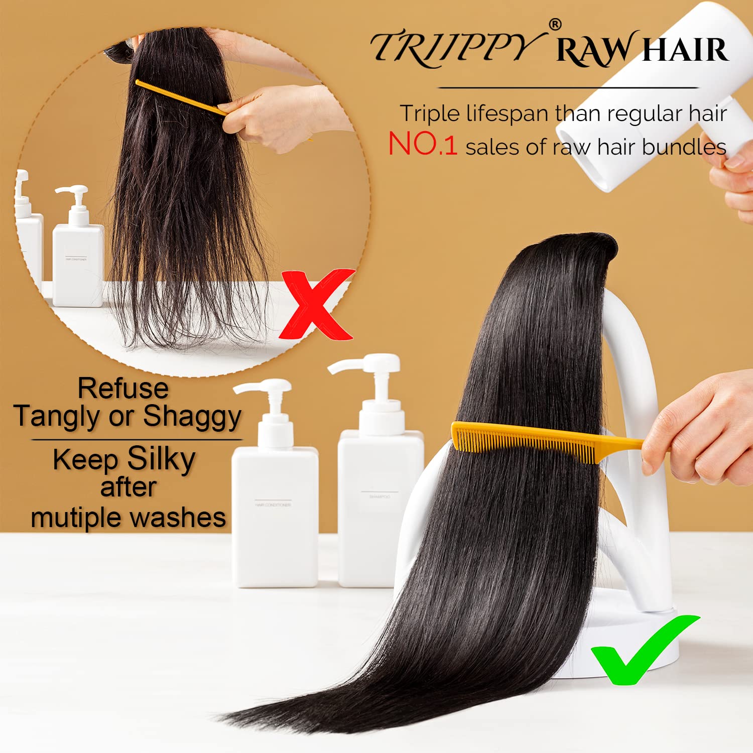 TRIIPPY Straight Bundles Human Hair,100% Raw Cambodian Hair Sew Weave 3 Bundles,Triple The Lifespan Over Regular Virgin Hair Bundle,No.1 Raw Hair Brand On Amazon(16 18 20 Inches,Natural Color)